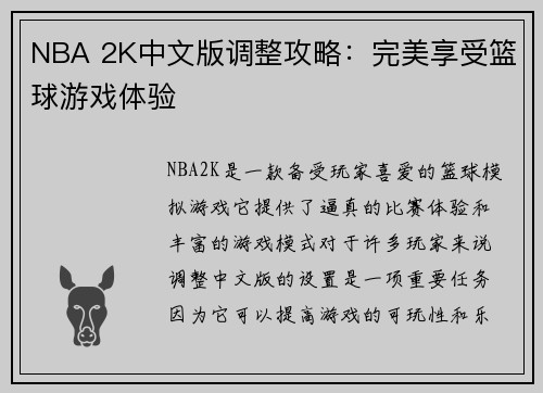 NBA 2K中文版调整攻略：完美享受篮球游戏体验
